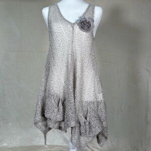 Adorn Women Boho Tank Dress Tunic Top Open Knit Sequins Sheer Light Gray sz L/XL